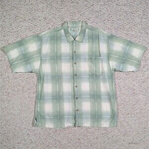 Tommy Bahama Camp Shirt Green/Cream Plaid Mens XL 100% Silk Wood Buttons Vintage
